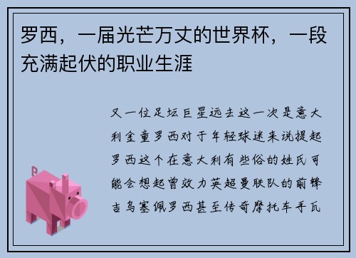 罗西，一届光芒万丈的世界杯，一段充满起伏的职业生涯